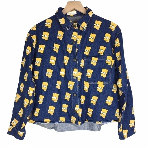 Bart Simpson LUNATIC BLUE Denim Jean Jacket Shirt Shacket Cartoon Fun Retro Snap - Picture 11 of 11